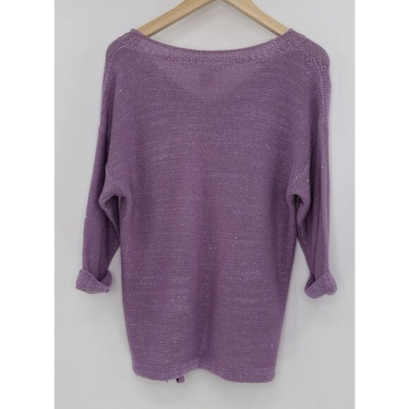 DKNY V-Neck Knit Purple Shimmery Pullover Sweater Size M Preppy Bottom Tie Flaw - Picture 2 of 11